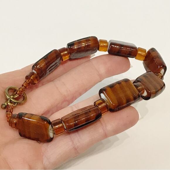 Art Glass Root Beer Tiger Stripe Chunky Cube Rectangle Beaded Anklet Toggle - Picture 6 of 13